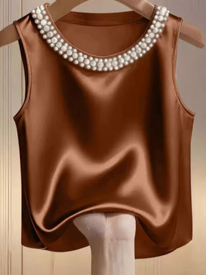 Brown satin tank top with pearl embellished neckline