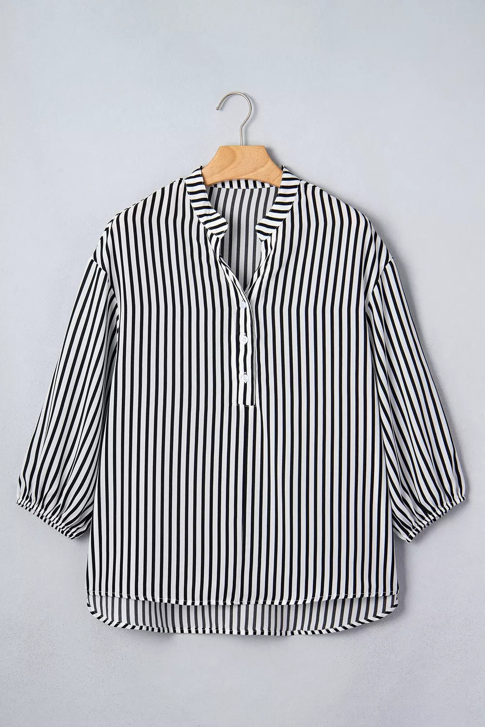 Striped Half Sleeve Button-up Shirt in Black, model styling view