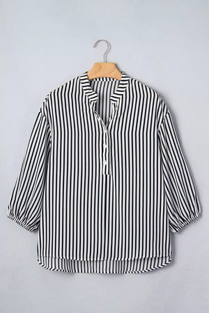 Striped Half Sleeve Button-up Shirt in Black, model styling view