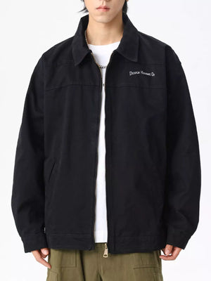 Men's black casual zip-up jacket with embroidered text on chest