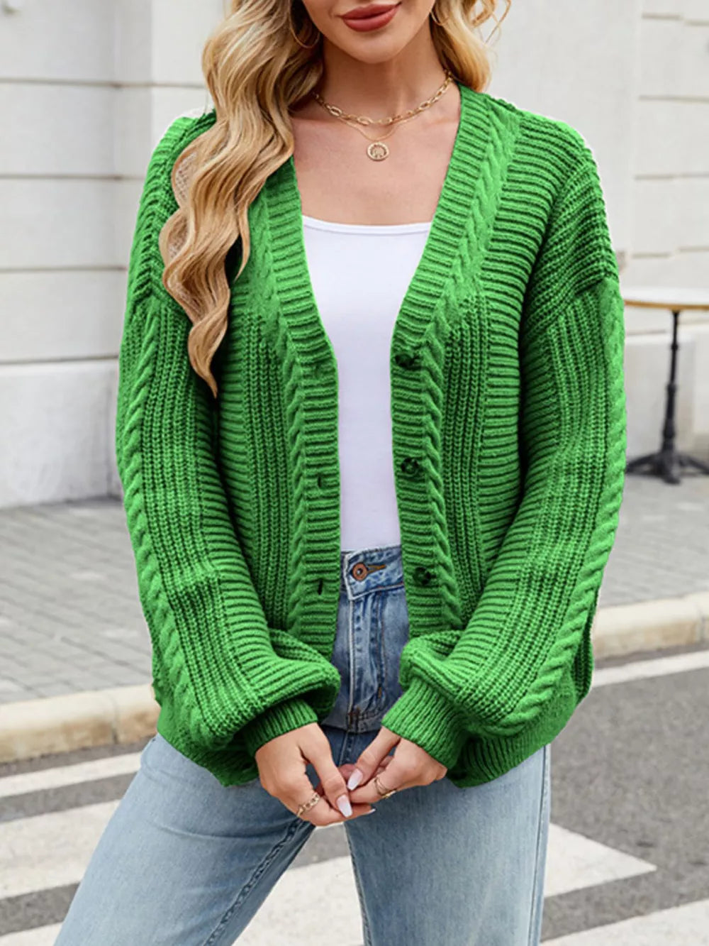 Cable Knit Button-up Cardigan in Black, view 17