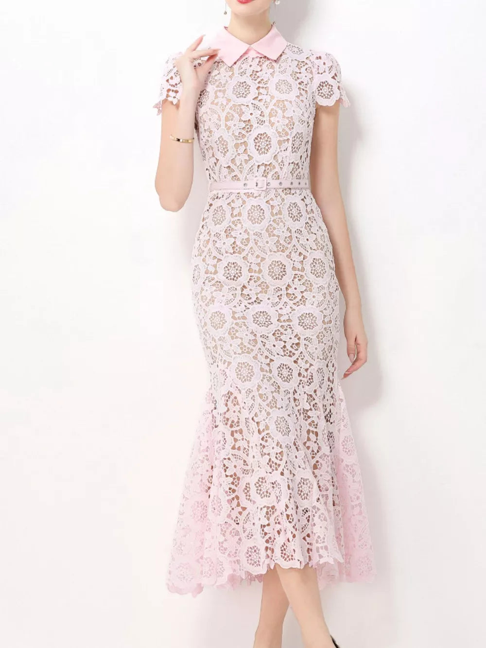 Pink floral lace midi dress with cap sleeves, collar, and studded belt.