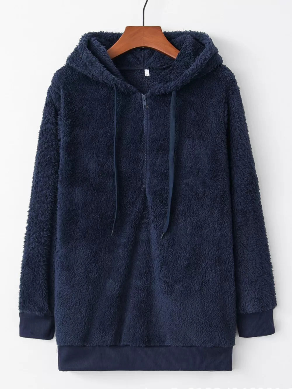 Navy blue fuzzy fleece half-zip hoodie with drawstring and ribbed cuffs.