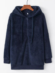 Navy blue fuzzy fleece half-zip hoodie with drawstring and ribbed cuffs.