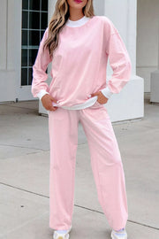 Striped Long Sleeve Top And Pants Set in Blush Pink, model styling view