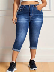 Dark blue denim capri jeans with high waist and cuffed hem