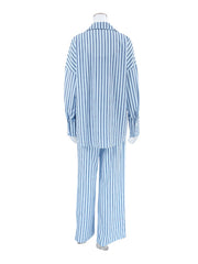 Blue and white striped pajama set with button-up shirt and wide-leg pants.