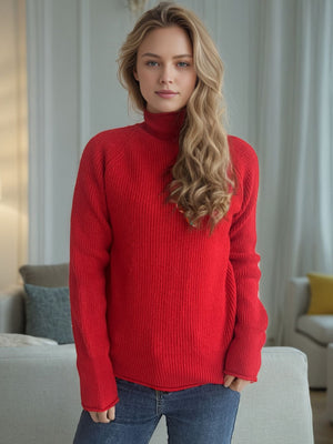 Scarlet ribbed turtleneck sweater with raglan sleeves, acrylic knit.