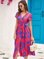 Floral Surplice Midi Dress With Tie Waist