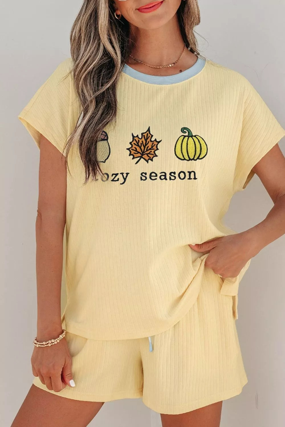 Cozy Season Embroidered Graphic Relaxed Two-piece Short Set in Pastel Yellow, close-up detail