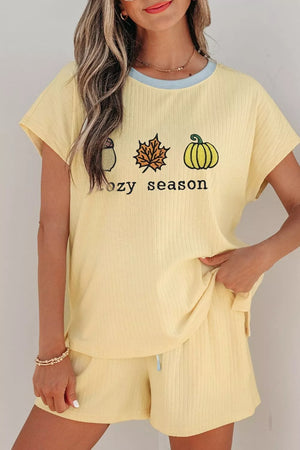 Cozy Season Embroidered Graphic Relaxed Two-piece Short Set in Pastel Yellow, close-up detail