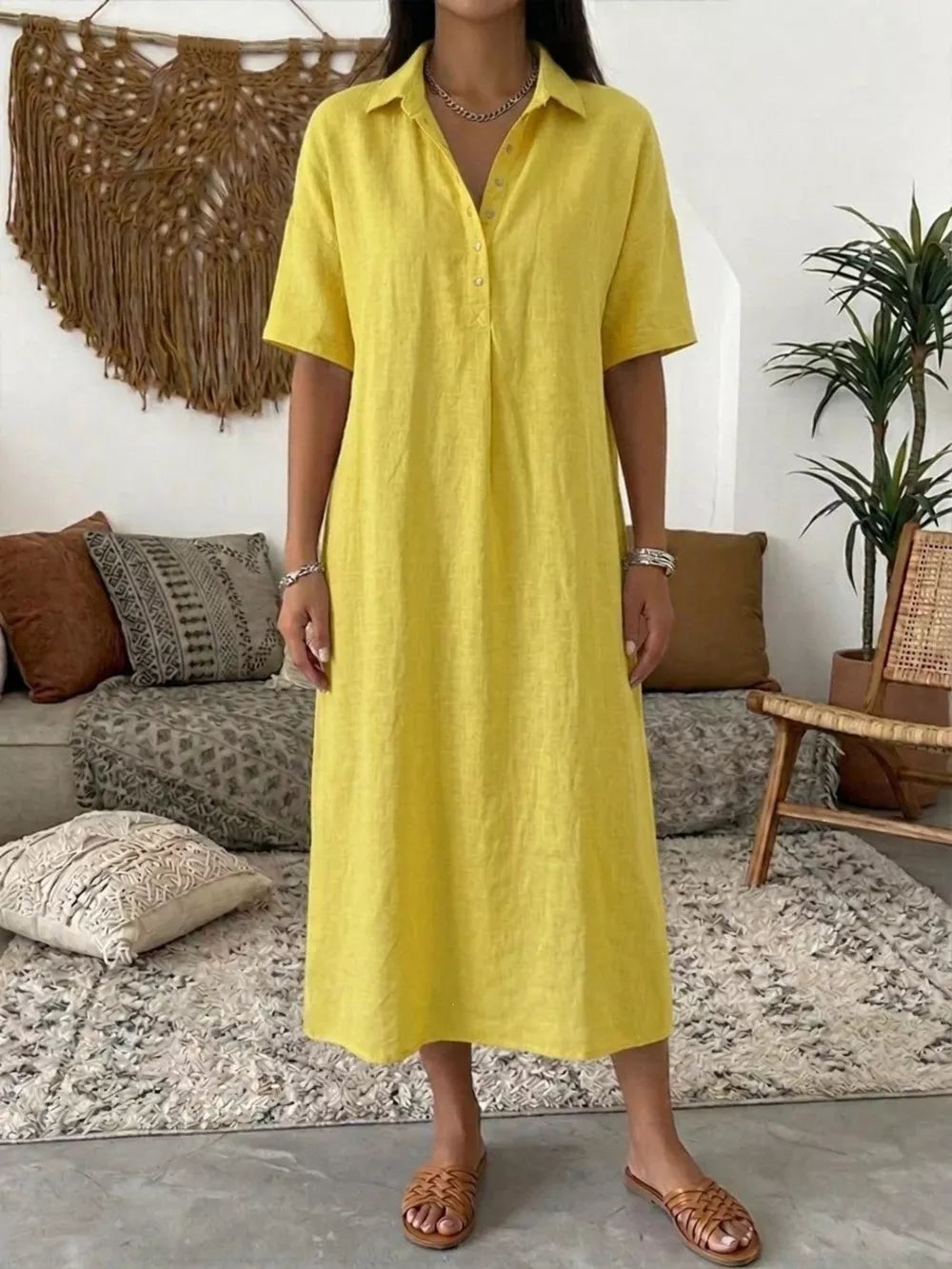 Full Size Button Detail Half Sleeve Dress Plus Size, side view