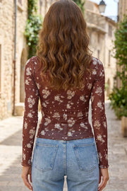 Floral Print Sheer Mesh Long Sleeve Top in Brown, back view