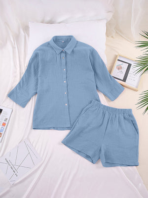Light blue gauze cotton resort shirt and short set with button front and elastic waist shorts.