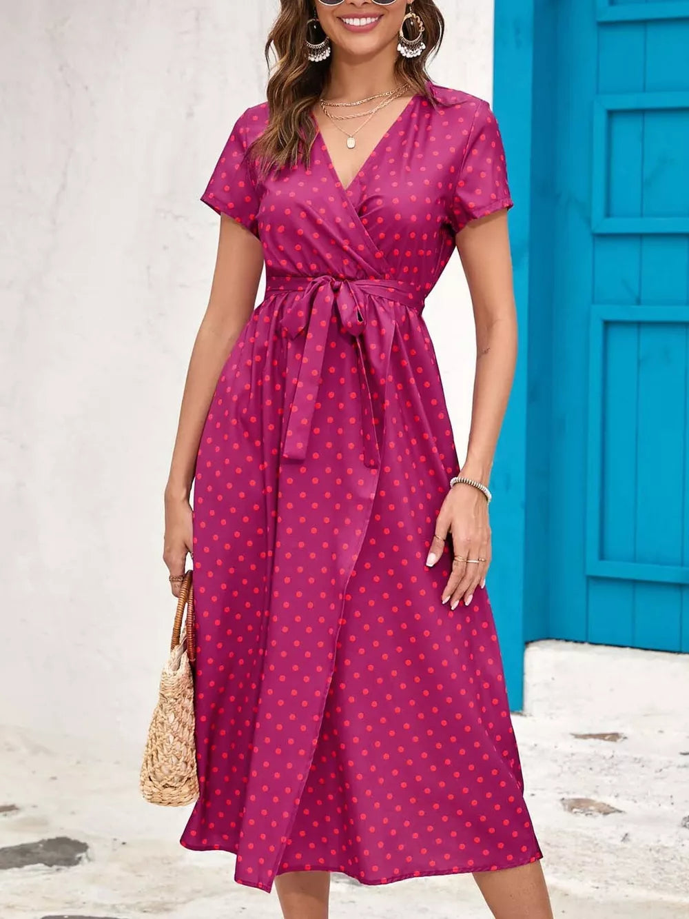 Floral Surplice Midi Dress With Tie Waist