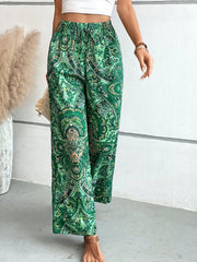 Paisley palazzo trousers in dark green with drawstring waist and wide leg