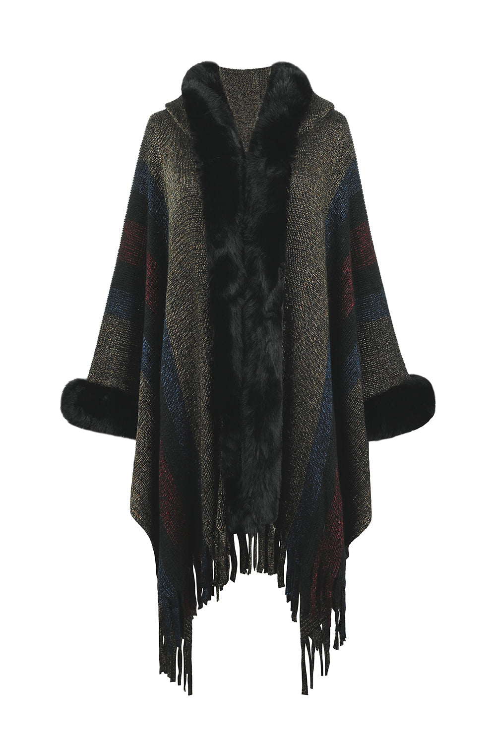 Textured stripe poncho with faux fur trim and fringe detail
