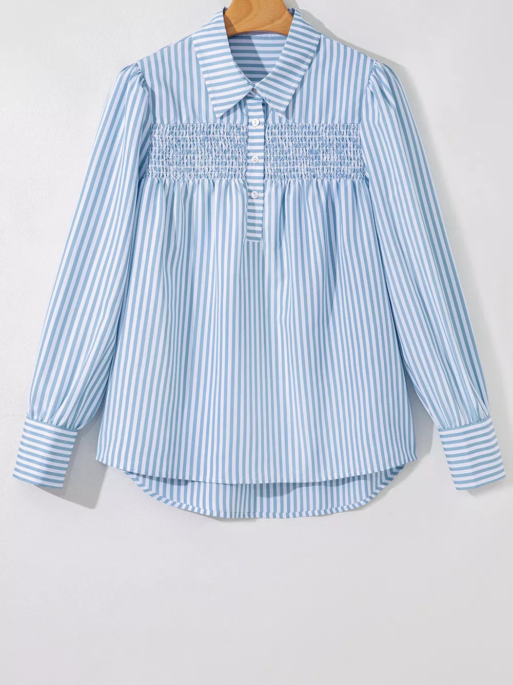 Striped Smocked Collared Blouse in Light Blue, fabric detail