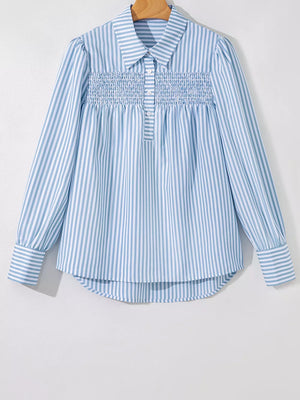 Striped Smocked Collared Blouse in Light Blue, fabric detail