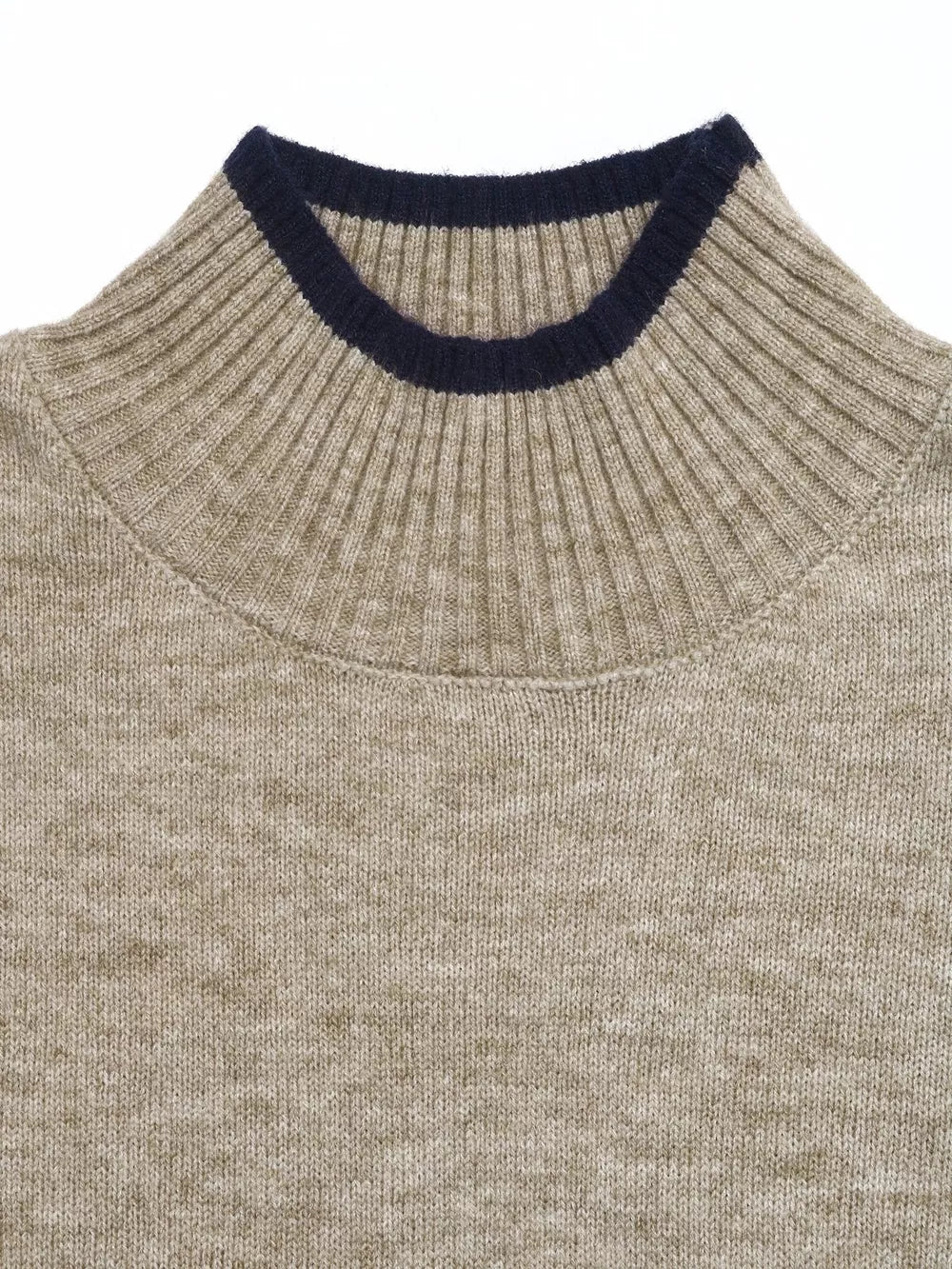 Cozy Mock Neck Sweater With Contrast Trim in Khaki, view 11