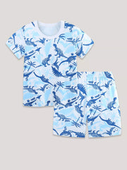 Baby blue dinosaur print pajama set with short sleeves and shorts.