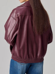 Plum purple faux leather bomber jacket with elasticated cuffs and hem.
