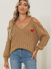 Camel open shoulder cable knit sweater with red heart detail