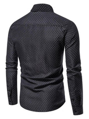 Dark blue micro-dotted slim fit button-up shirt with long sleeves.