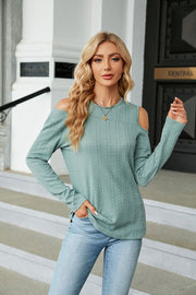 Textured knit cold-shoulder top in Sage with long sleeves and crew neck.