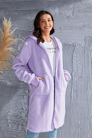 Plush hooded duster in lavender with thumbhole cuffs and pockets