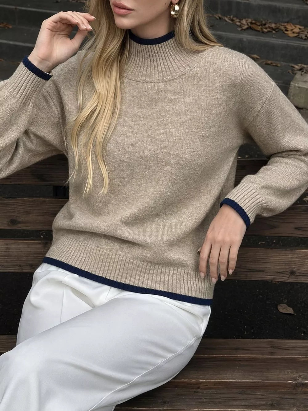 Cozy Mock Neck Sweater With Contrast Trim in Khaki, back view
