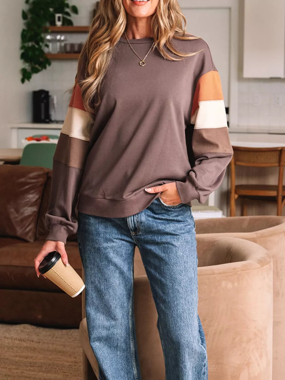 Color Block Drop Shoulder Pullover Sweatshirt in Coffee Brown, front view