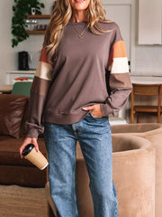 Color Block Drop Shoulder Pullover Sweatshirt in Coffee Brown, front view