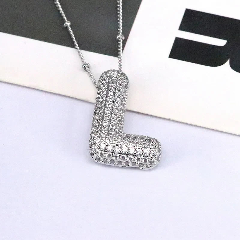 Silver pave initial bubble pendant necklace, style L