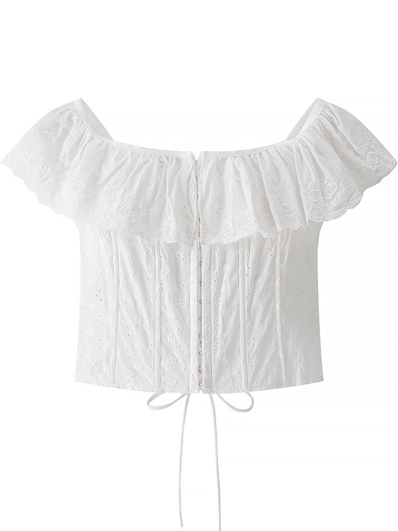 White eyelet corset tank top with off-the-shoulder ruffle trim and front hook-and-eye closure.