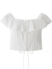 White eyelet corset tank top with off-the-shoulder ruffle trim and front hook-and-eye closure.