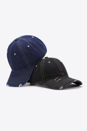 Distressed baseball caps in Dark Navy and Black denim with adjustable strap