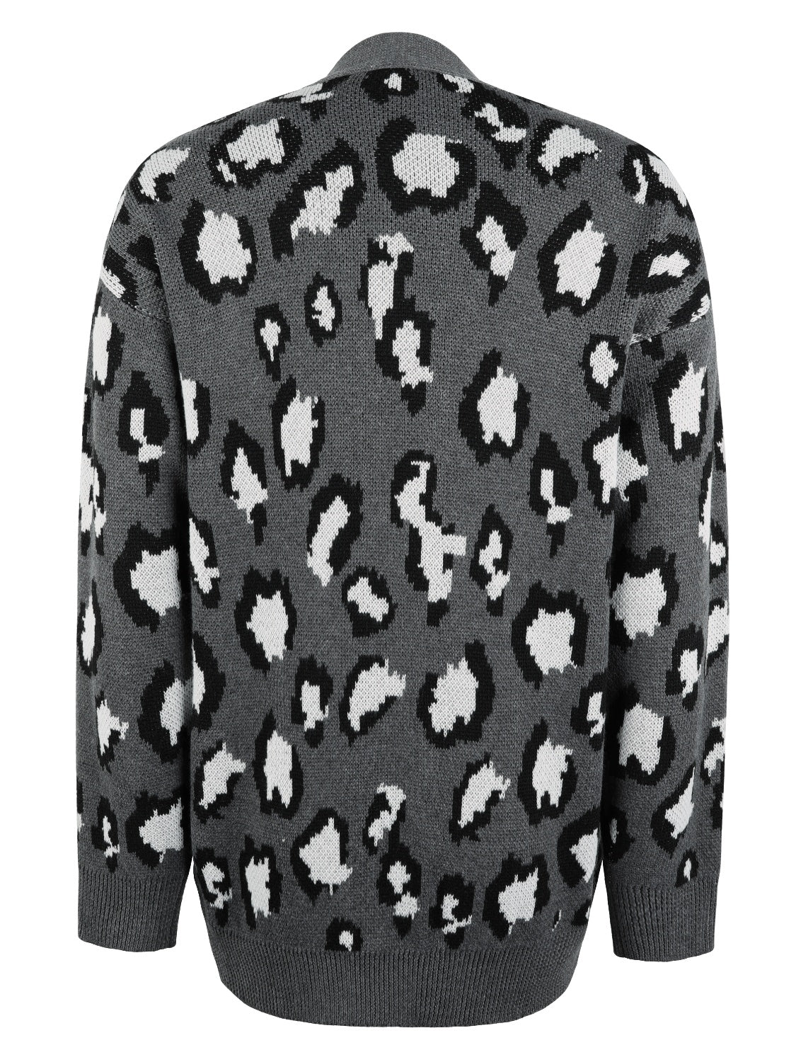 Dark Gray leopard print knit cardigan with a relaxed fit and crew neck.