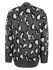 Dark Gray leopard print knit cardigan with a relaxed fit and crew neck.