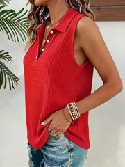 Full Size Waffle Knit Button Detail Sleeveless Top in Black, side view