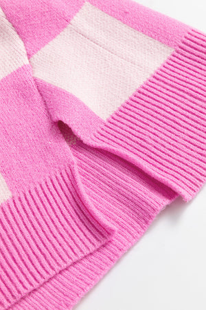 Fuchsia pink checkered knit sweater with polo neckline and ribbed details.