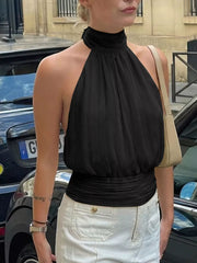 Black ruched halter cami top with a cinched waist detail