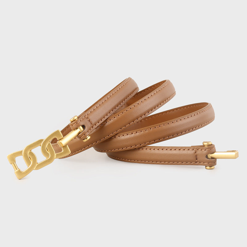 Caramel leather belt with brushed gold chain-link detail and buckle closure.