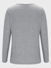 Light gray long sleeve t-shirt with a wide neckline and lattice detail.