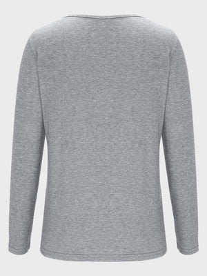 Light gray long sleeve t-shirt with a wide neckline and lattice detail.