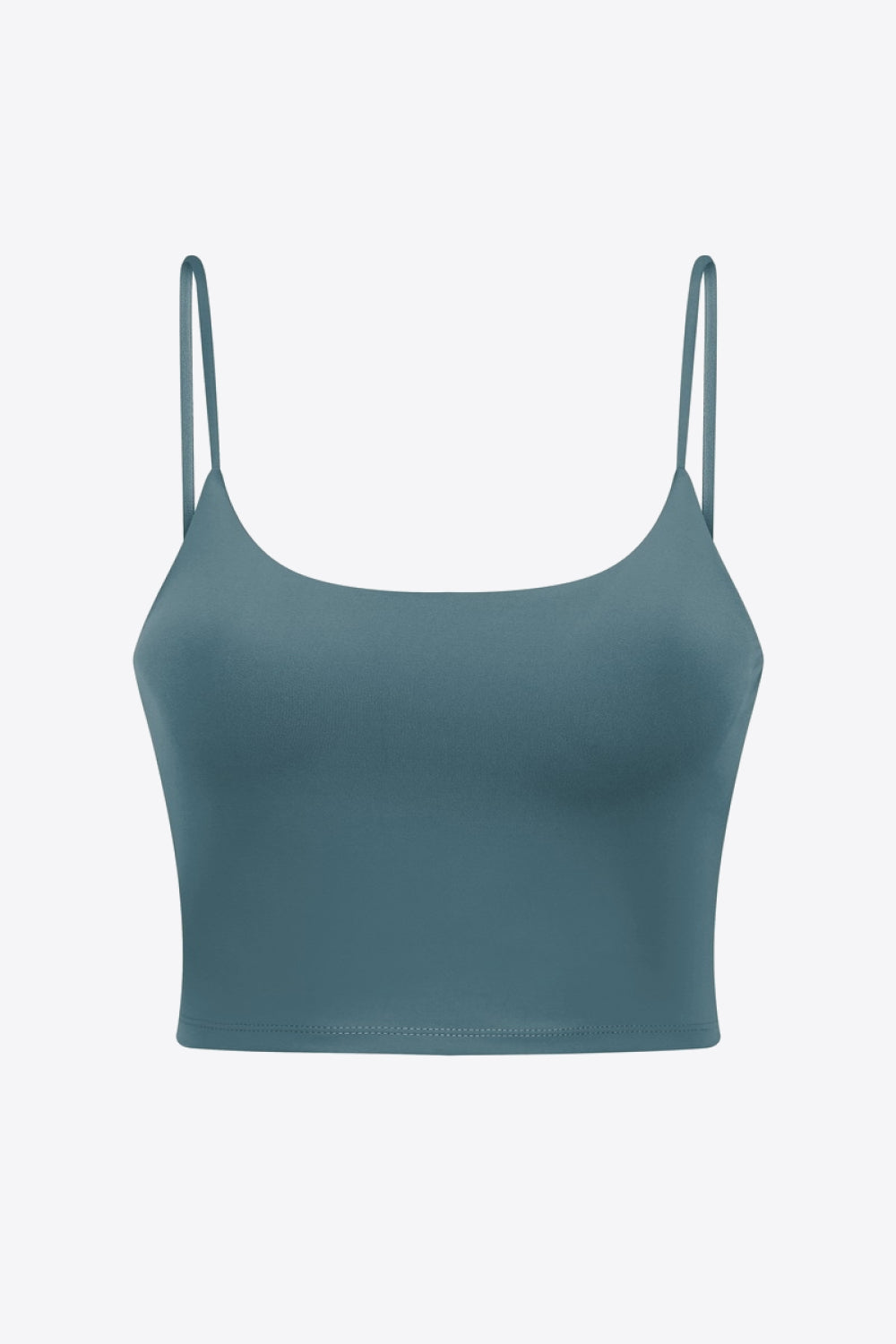 Turquoise scoop neck crop tank top with thin spaghetti straps.
