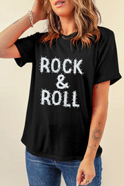 Black graphic t-shirt with embellished Rock & Roll text and short sleeves.