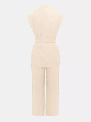 Sleeveless Top And Wide-leg Pants Set in Ivory, close-up detail