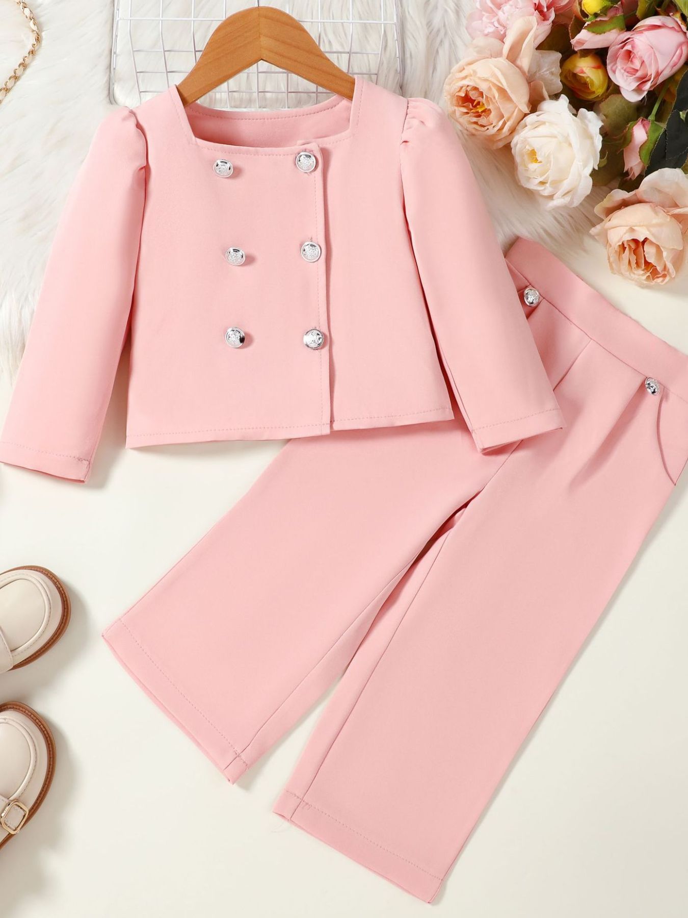 Toddler pink double-breasted blazer and wide-leg pants set with decorative buttons