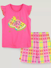 Toddler girls' pink watermelon pajama set with ruffled sleeves and plaid shorts.